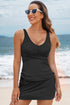Solid Ribbed Knit Crossed Detail Two Piece Skort Tankinis