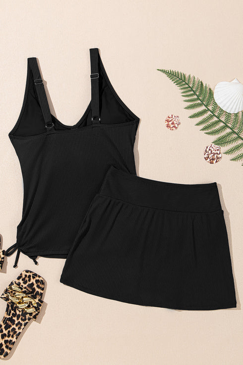 Solid Ribbed Knit Crossed Detail Two Piece Skort Tankinis