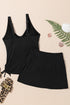 Solid Ribbed Knit Crossed Detail Two Piece Skort Tankinis