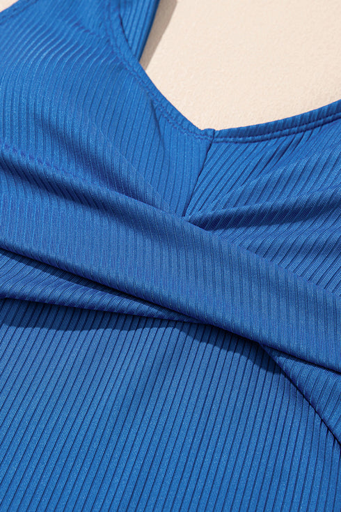 Solid Ribbed Knit Crossed Detail Two Piece Skort Tankinis