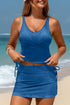 Solid Ribbed Knit Crossed Detail Two Piece Skort Tankinis