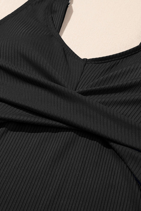 Solid Ribbed Knit Crossed Detail Two Piece Skort Tankinis