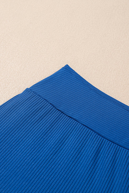 Solid Ribbed Knit Crossed Detail Two Piece Skort Tankinis