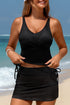 Solid Ribbed Knit Crossed Detail Two Piece Skort Tankinis