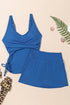 Solid Ribbed Knit Crossed Detail Two Piece Skort Tankinis