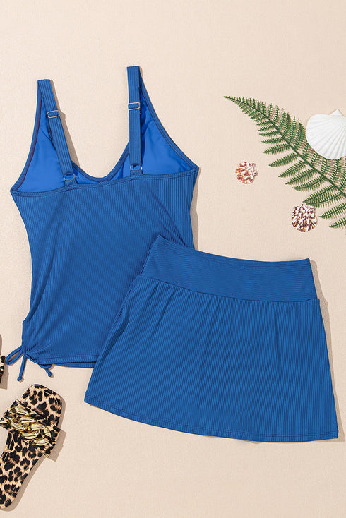 Solid Ribbed Knit Crossed Detail Two Piece Skort Tankinis