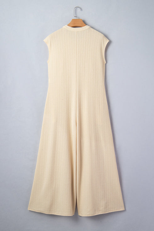 Solid Ribbed Knit Half Button Wide Leg Jumpsuit
