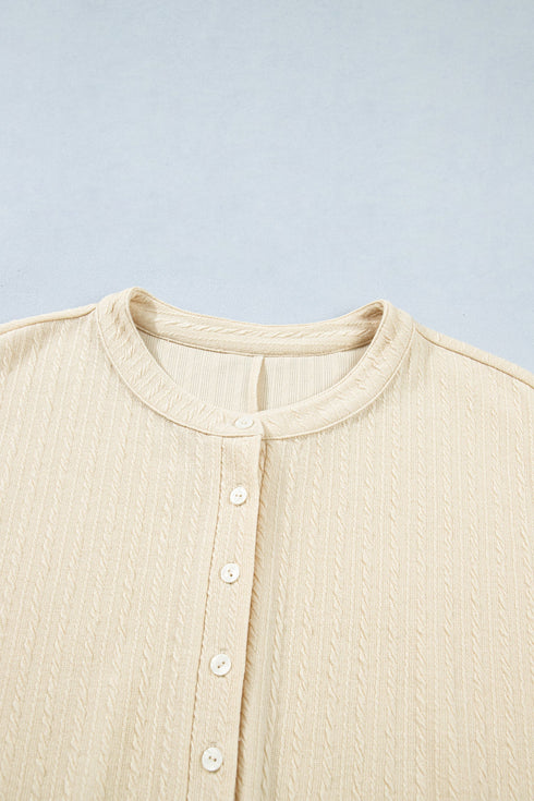 Solid Ribbed Knit Half Button Wide Leg Jumpsuit