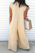 Solid Ribbed Knit Half Button Wide Leg Jumpsuit