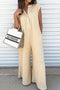 Solid Ribbed Knit Half Button Wide Leg Jumpsuit