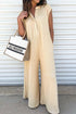 Solid Ribbed Knit Half Button Wide Leg Jumpsuit