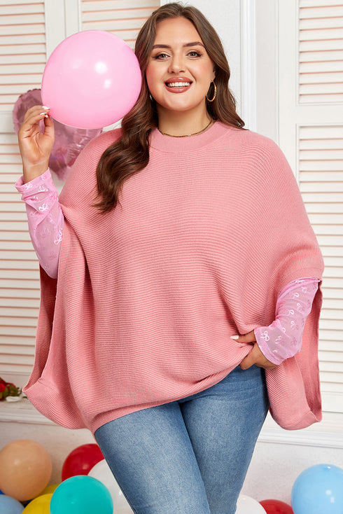 Solid Ribbed Knit Half Sleeve Poncho Plus Size Sweater
