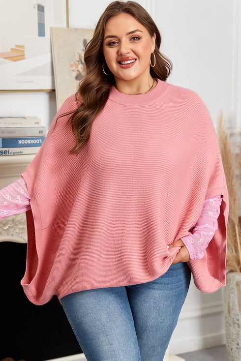 Solid Ribbed Knit Half Sleeve Poncho Plus Size Sweater