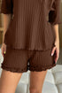 Solid Ribbed Knit Lettuce Trim Two Piece Loungewear Set