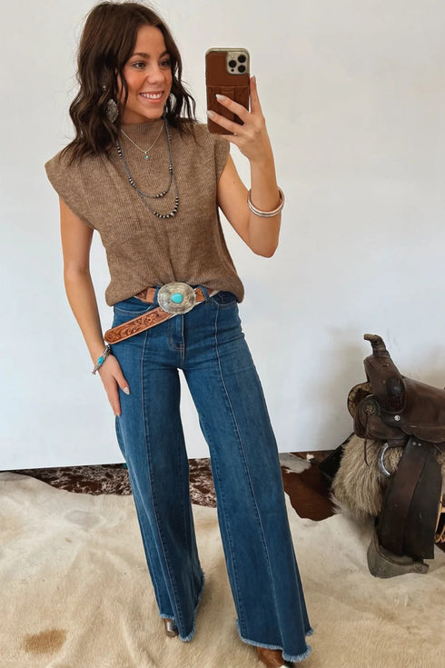 Solid Ribbed Knit Mock Neck Loose Sleeveless Sweater Vest