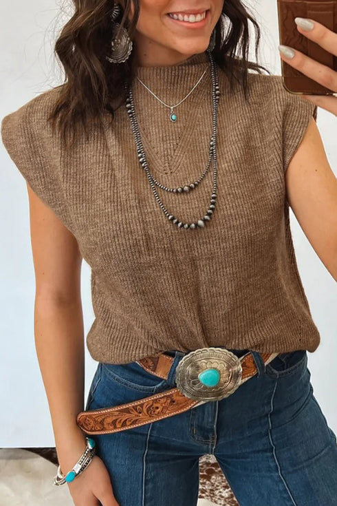 Solid Ribbed Knit Mock Neck Loose Sleeveless Sweater Vest