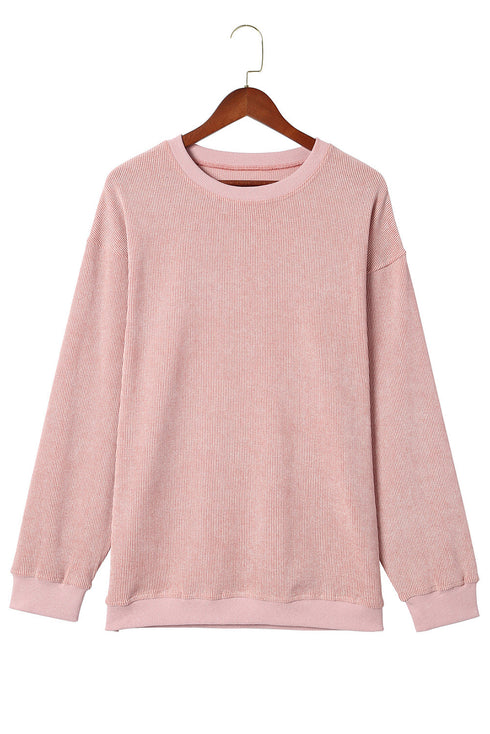 Solid Ribbed Knit Round Neck Pullover Sweatshirt