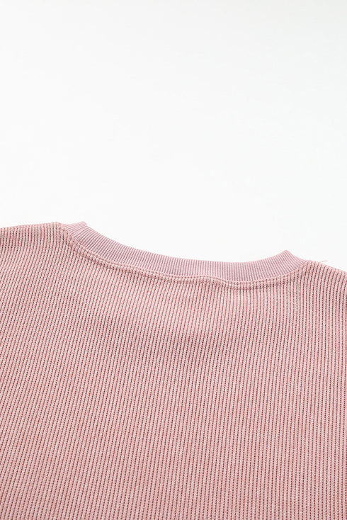 Solid Ribbed Knit Round Neck Pullover Sweatshirt