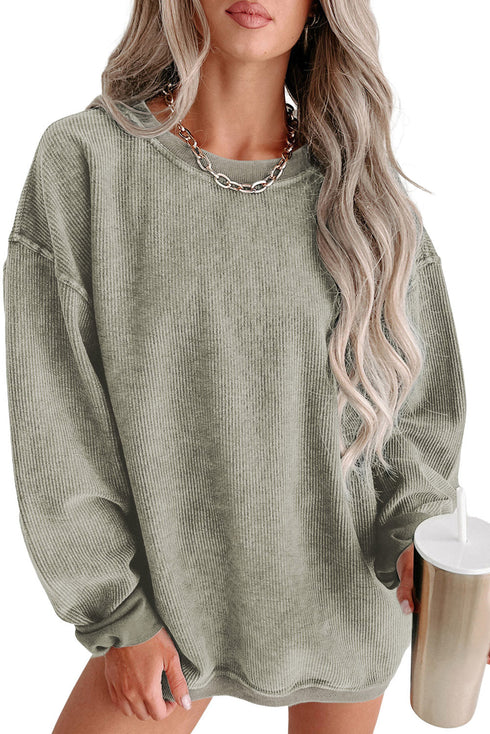 Solid Ribbed Knit Round Neck Pullover Sweatshirt