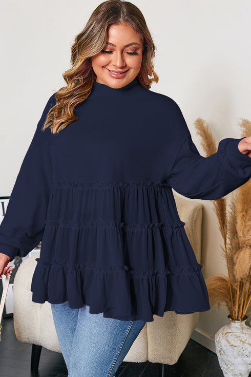 Solid Ribbed Knit Tiered Ruffle Pullover Blouse