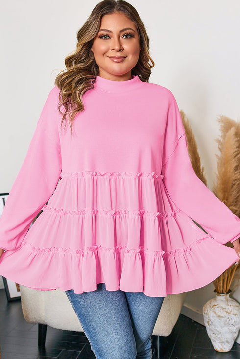 Solid Ribbed Knit Tiered Ruffle Pullover Blouse