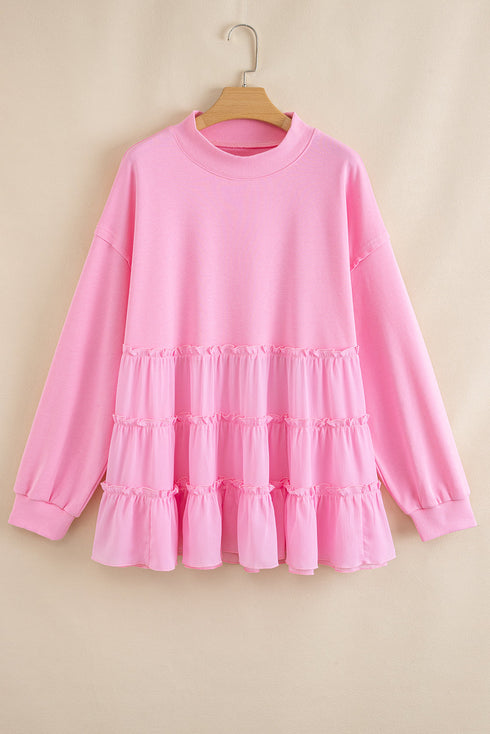 Solid Ribbed Knit Tiered Ruffle Pullover Blouse