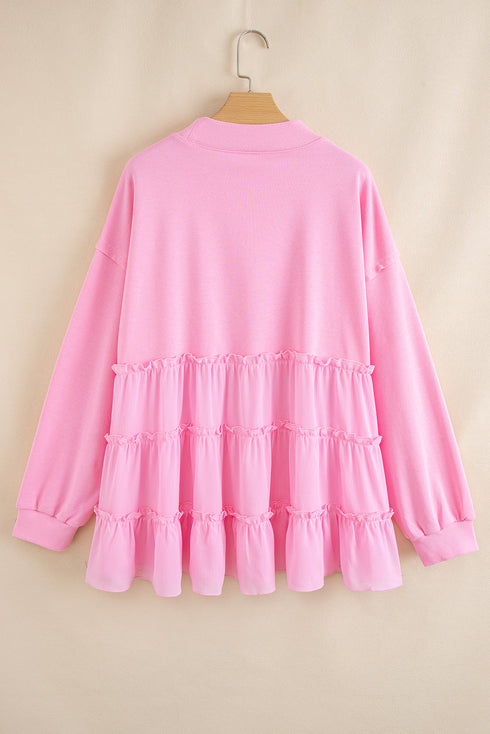 Solid Ribbed Knit Tiered Ruffle Pullover Blouse