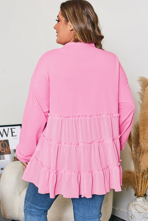 Solid Ribbed Knit Tiered Ruffle Pullover Blouse
