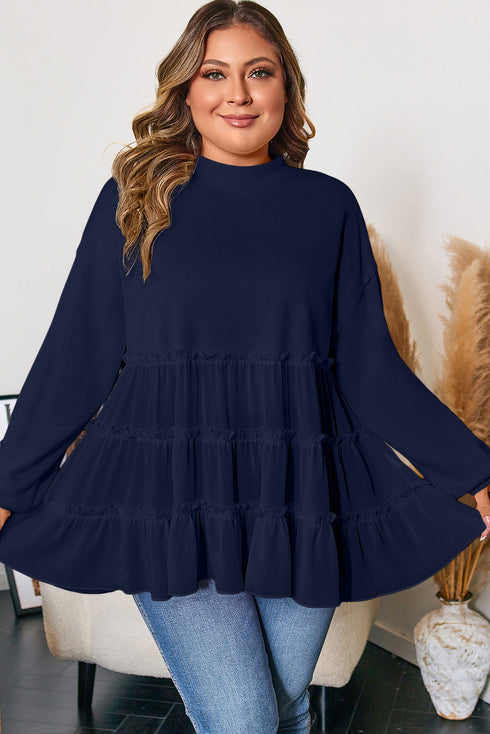 Solid Ribbed Knit Tiered Ruffle Pullover Blouse