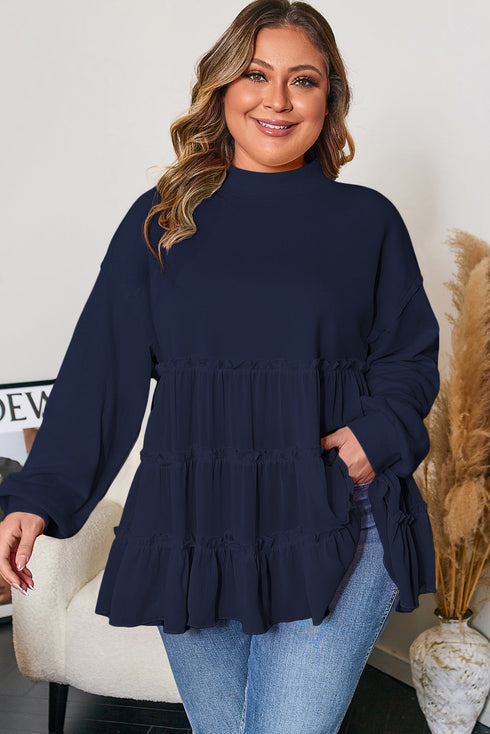 Solid Ribbed Knit Tiered Ruffle Pullover Blouse