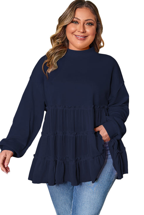 Solid Ribbed Knit Tiered Ruffle Pullover Blouse