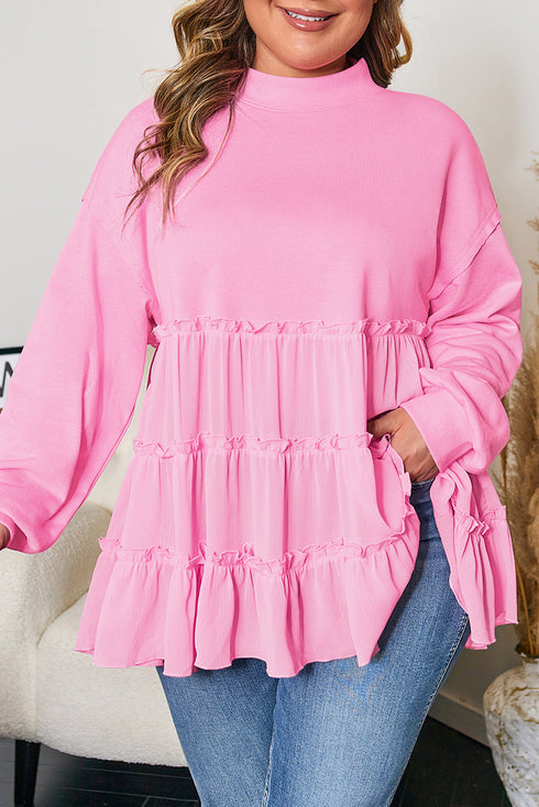 Solid Ribbed Knit Tiered Ruffle Pullover Blouse
