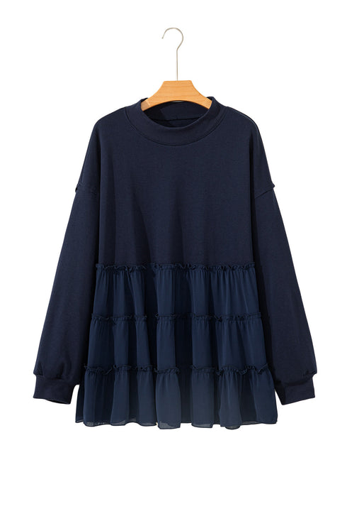 Solid Ribbed Knit Tiered Ruffle Pullover Blouse