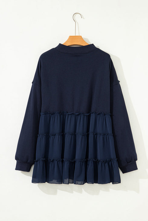 Solid Ribbed Knit Tiered Ruffle Pullover Blouse