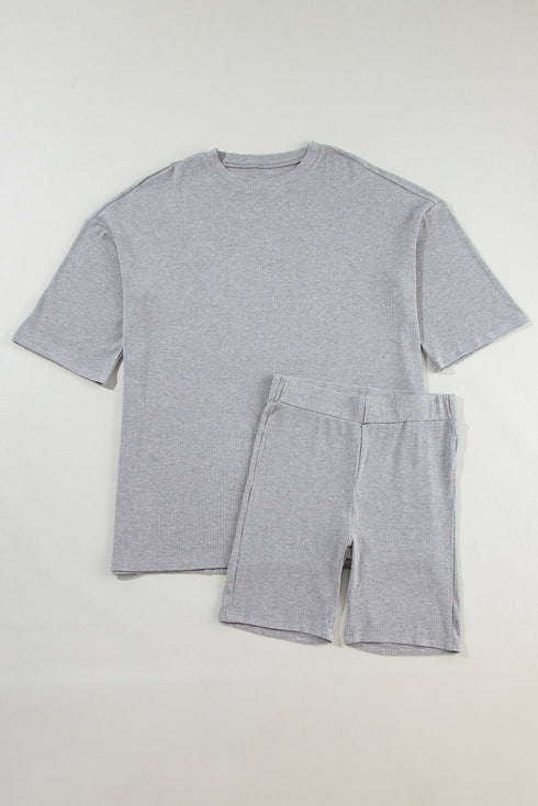 Solid Ribbed Loose Tunic Top And Slim Short Sets