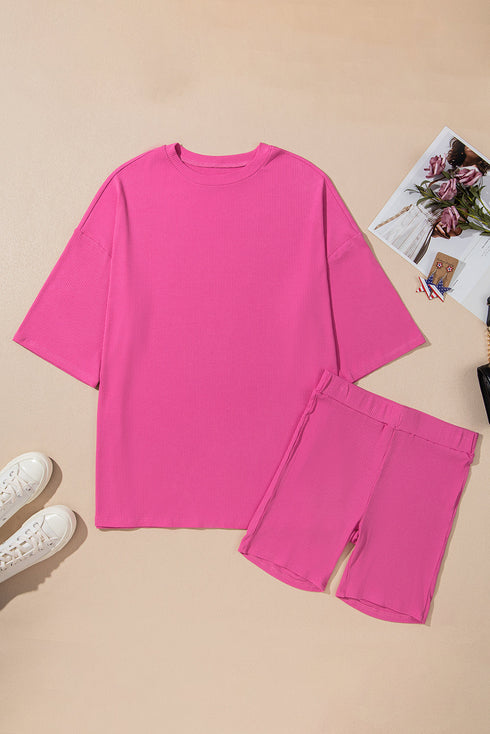 Solid Ribbed Loose Tunic Top And Slim Short Sets