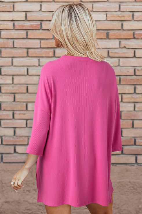 Solid Ribbed Loose Tunic Top And Slim Short Sets