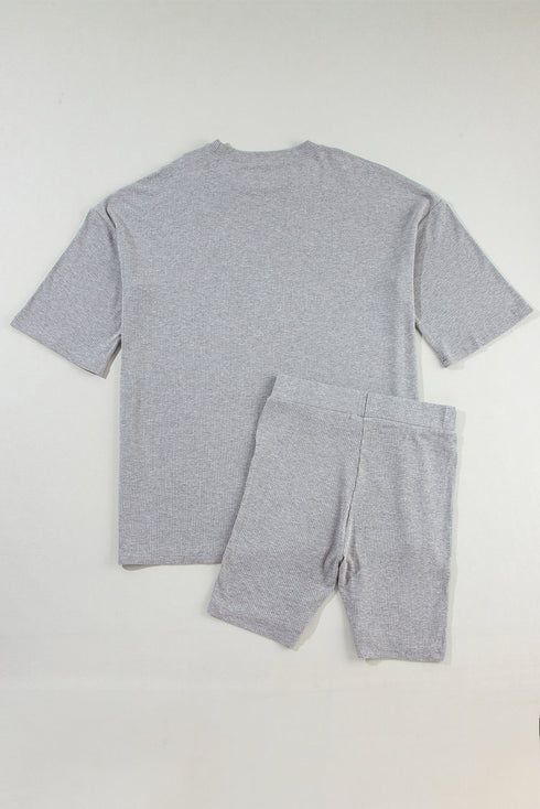 Solid Ribbed Loose Tunic Top And Slim Short Sets