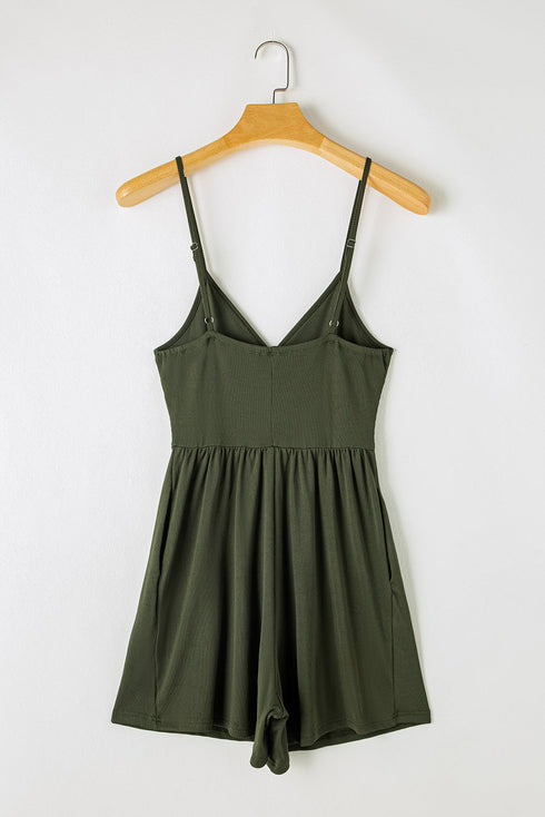 Solid Ribbed Spaghetti Strap Cinched Waist Romper