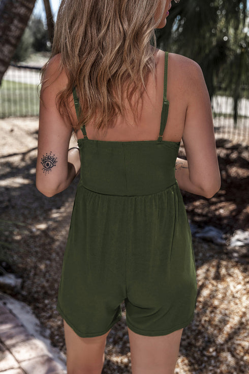 Solid Ribbed Spaghetti Strap Cinched Waist Romper