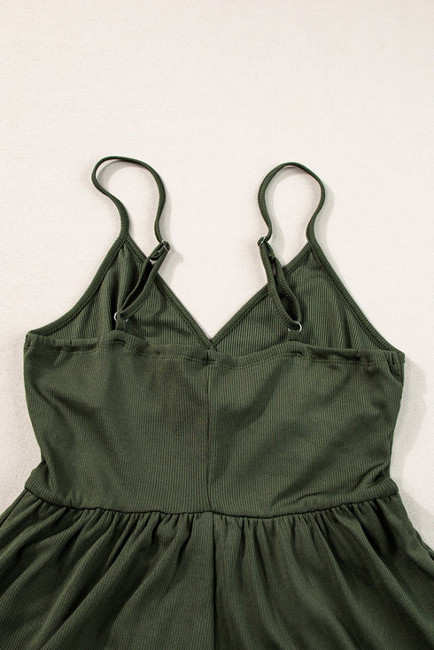 Solid Ribbed Spaghetti Strap Cinched Waist Romper