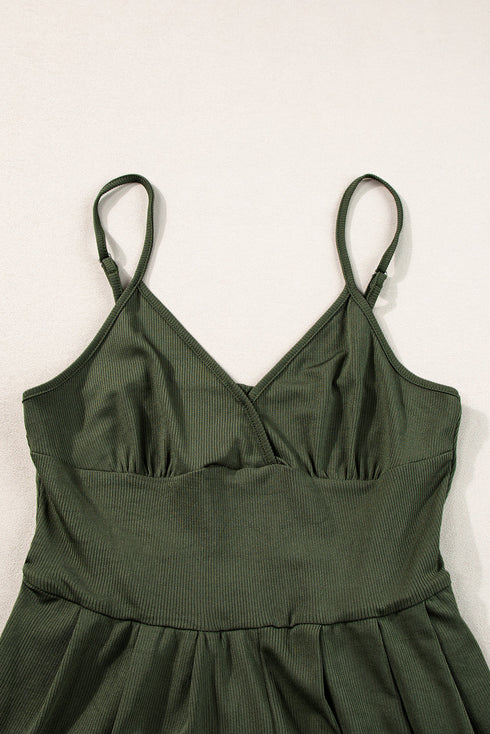 Solid Ribbed Spaghetti Strap Cinched Waist Romper