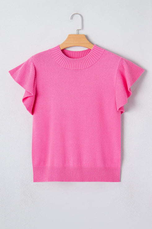 Solid Ribbed Trim Ruffle Round Neck Short Sleeve Sweater