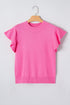Solid Ribbed Trim Ruffle Round Neck Short Sleeve Sweater