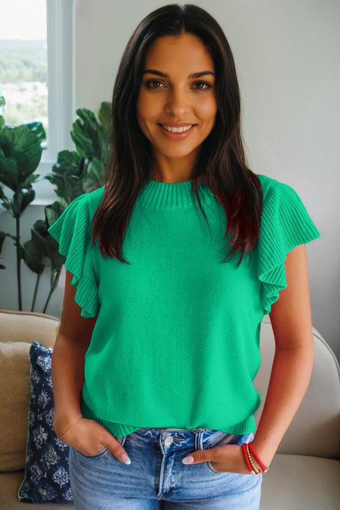 Solid Ribbed Trim Ruffle Round Neck Short Sleeve Sweater