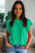 Solid Ribbed Trim Ruffle Round Neck Short Sleeve Sweater