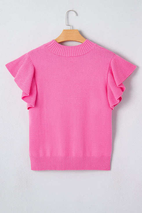 Solid Ribbed Trim Ruffle Round Neck Short Sleeve Sweater