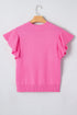 Solid Ribbed Trim Ruffle Round Neck Short Sleeve Sweater
