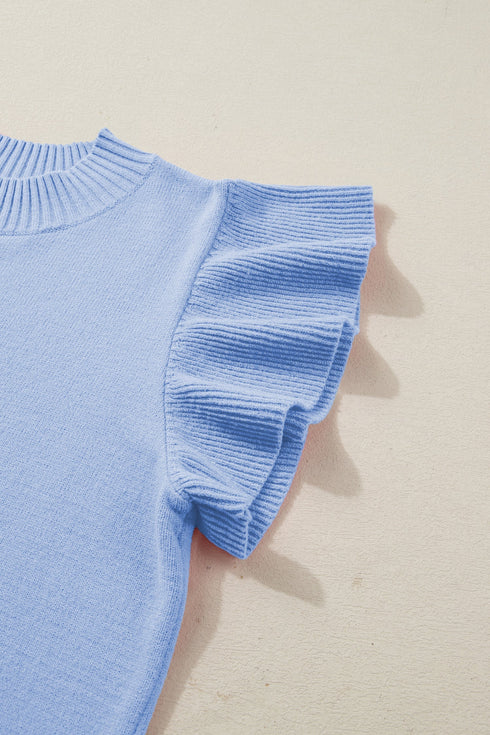 Solid Ribbed Trim Ruffle Round Neck Short Sleeve Sweater