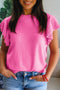 Solid Ribbed Trim Ruffle Round Neck Short Sleeve Sweater